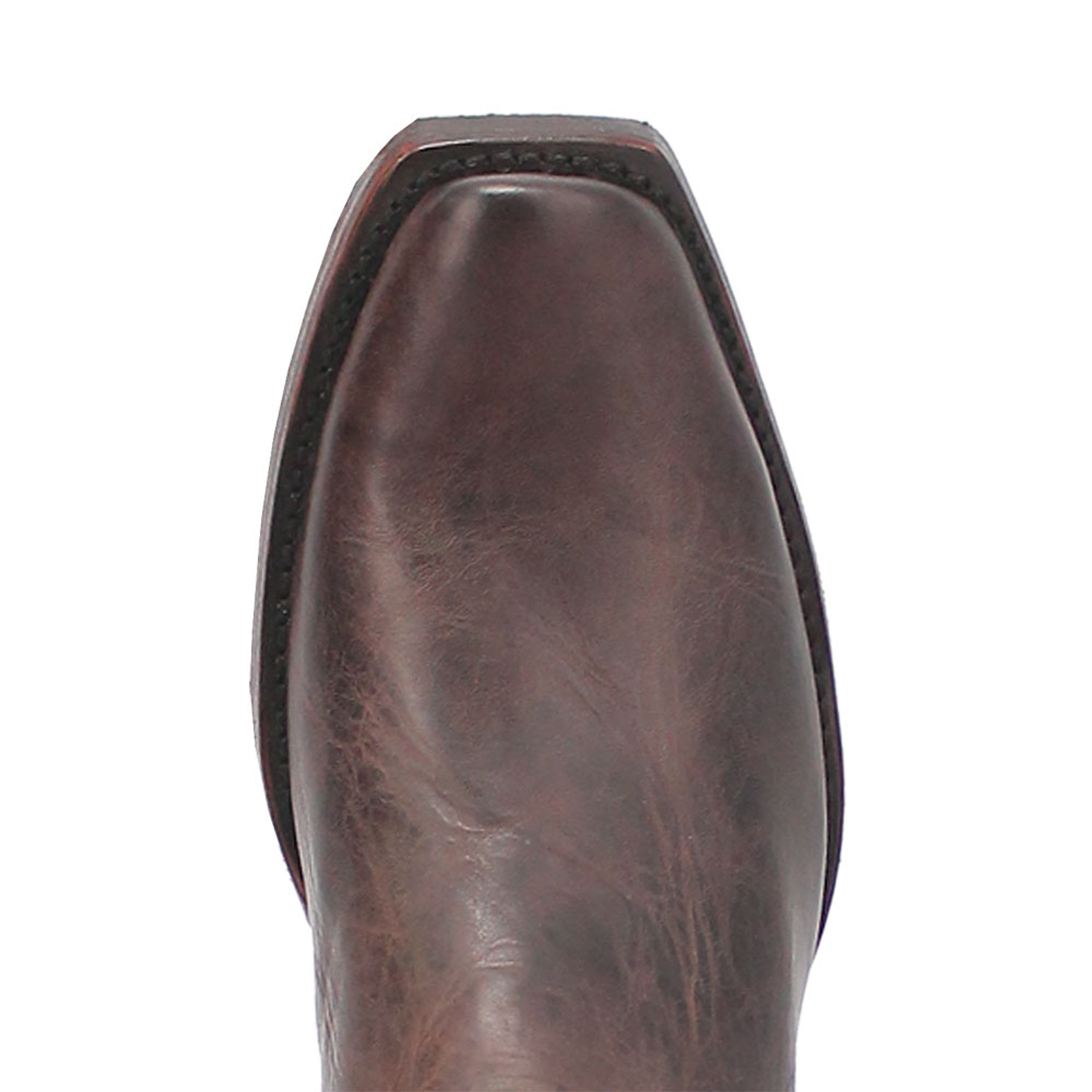 Brown & red leather western boots. Pointed toe, smooth surface, distressed pattern with tonal variations. Sleek, classic design.
