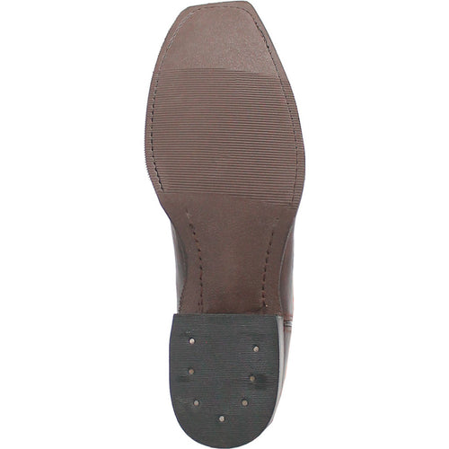 Dingo western boot sole: smooth brown leather, rectangular toe, and black rubber heel.

