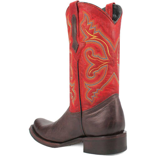 Brown leather western boots. Brown base, red upper with yellow/blue embroidery. Traditional curved design, standard heel.
