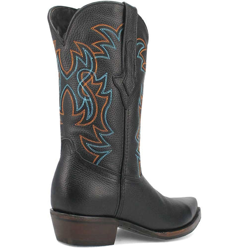 Dingo Gold Rush boots: Black leather, snip toe, stacked heel. Bold orange/blue stitching. Tall silhouette with a structured form and vertical side design. Western style.
