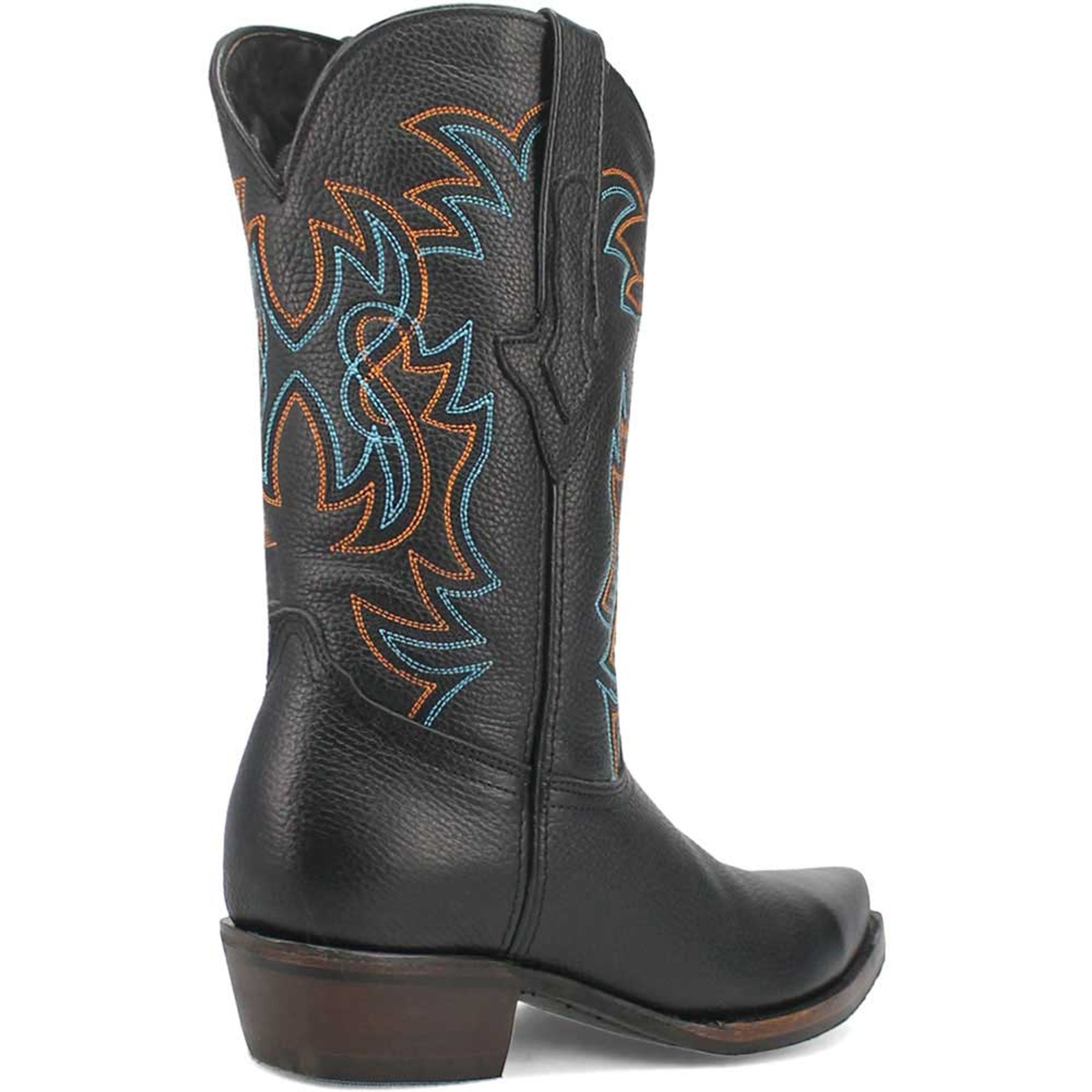 Dingo Gold Rush boots: Black leather, snip toe, stacked heel. Bold orange/blue stitching. Tall silhouette with a structured form and vertical side design. Western style.
