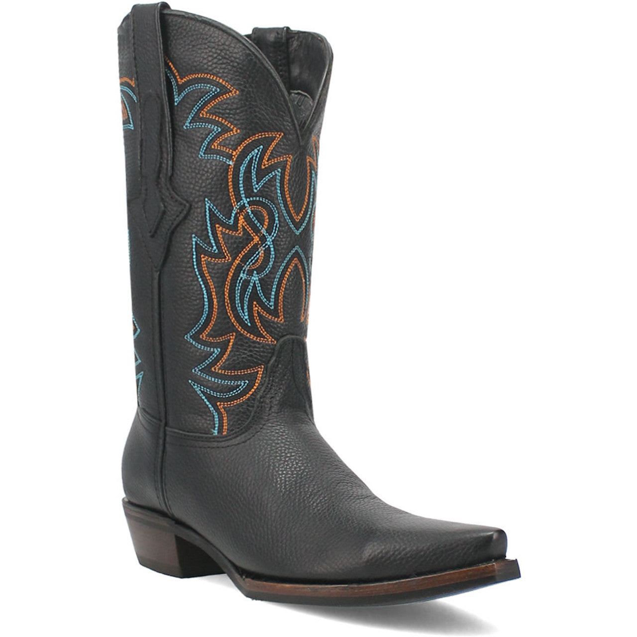 Dingo Gold Rush boots: Black leather, snip toe, western style. Embroidered blue/orange patterns on textured leather. Pointed toe, slightly elevated heel, pull tabs for easy wear.
