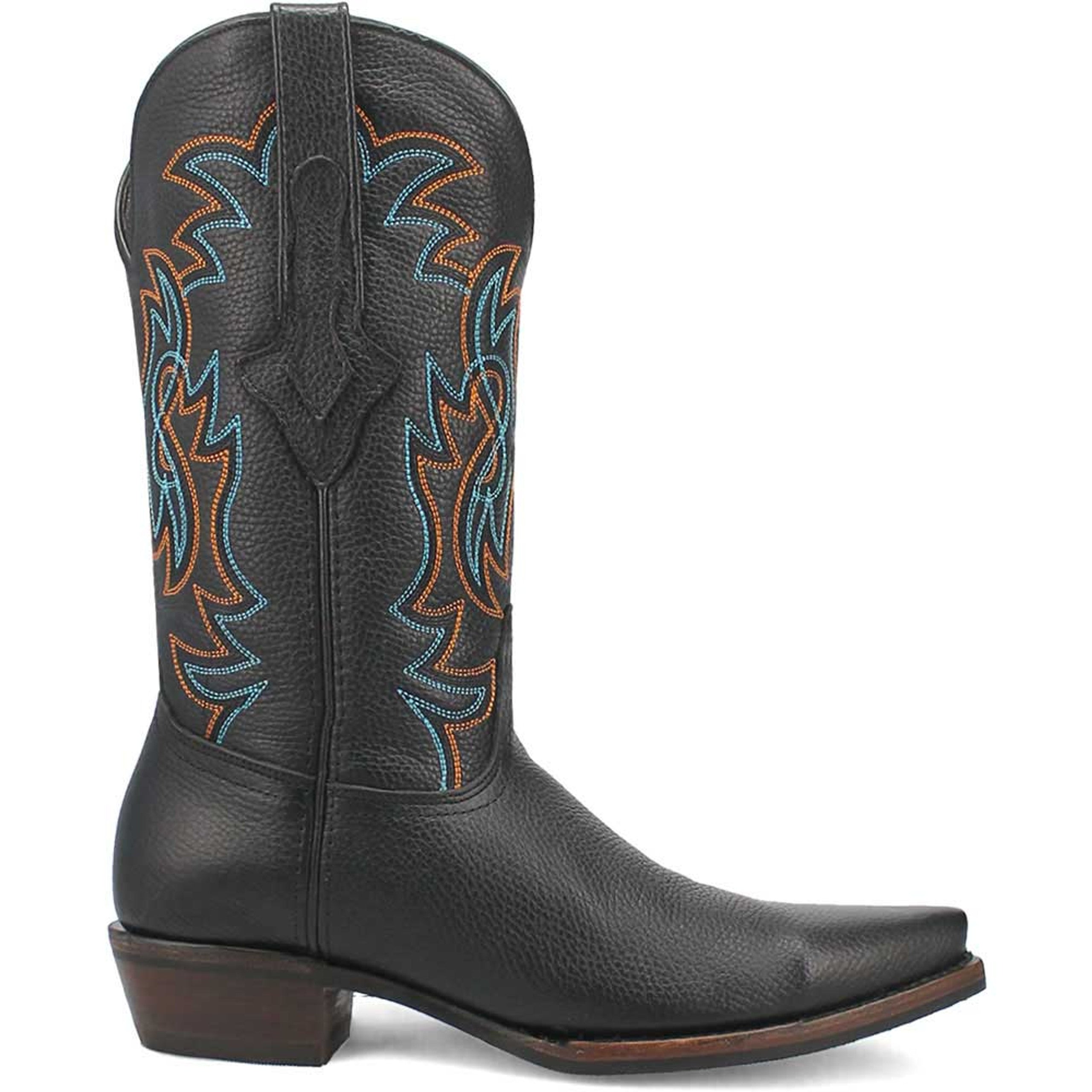 Dingo Gold Rush boots: black leather, snip toe, textured upper. Blue/orange stitching detail. Stacked wooden heel, pull tab. Classic western design.

