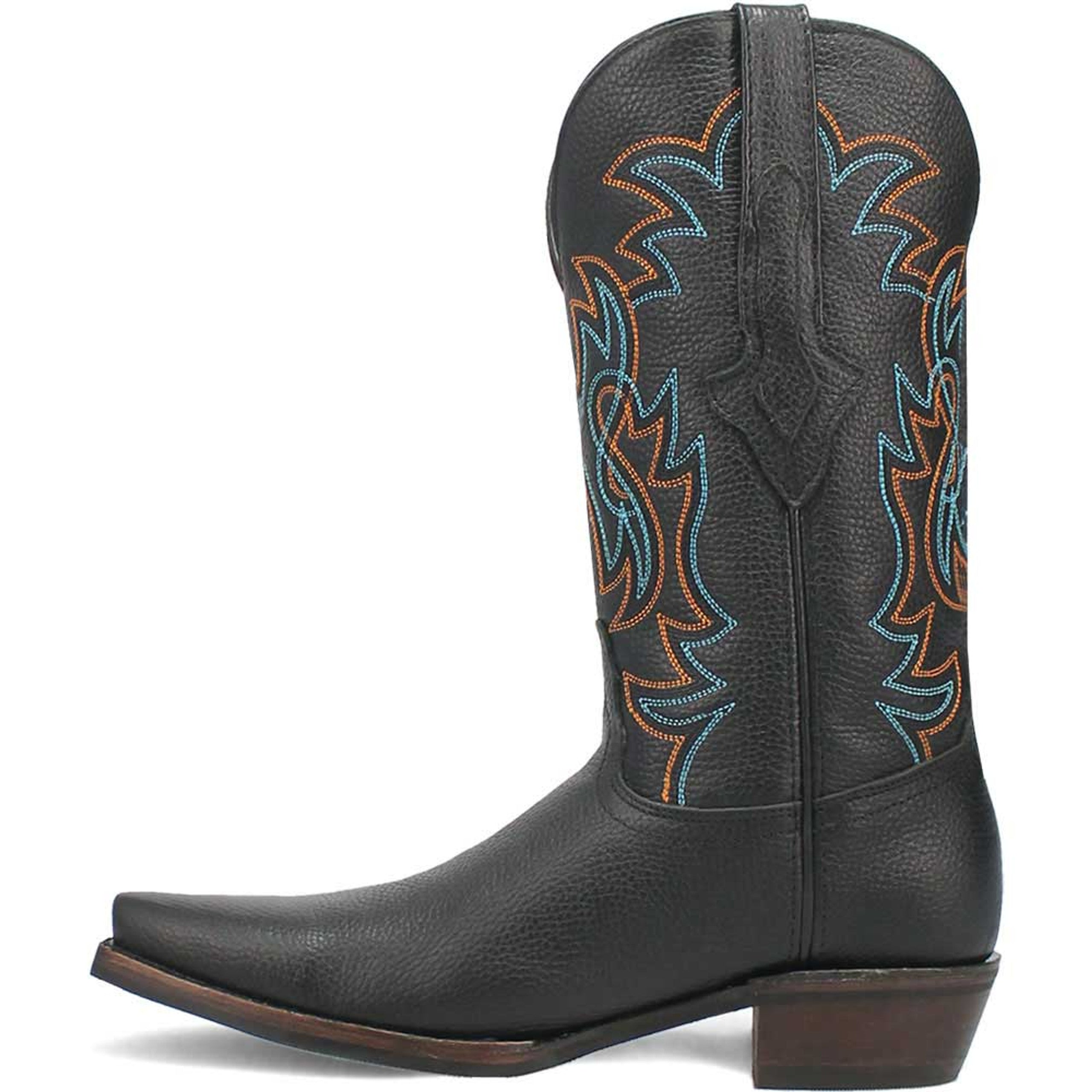 Dingo Gold Rush boots: Black leather, snip toe, western style. Tall shaft with blue/orange stitching. Textured finish, pointed toe, and block heel for stability.
