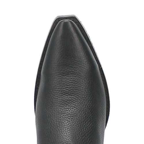 Dingo Gold Rush black leather western boots with snip toe. Textured black leather, pointed toe, sleek profile, smooth finish, and minimal embellishments.
