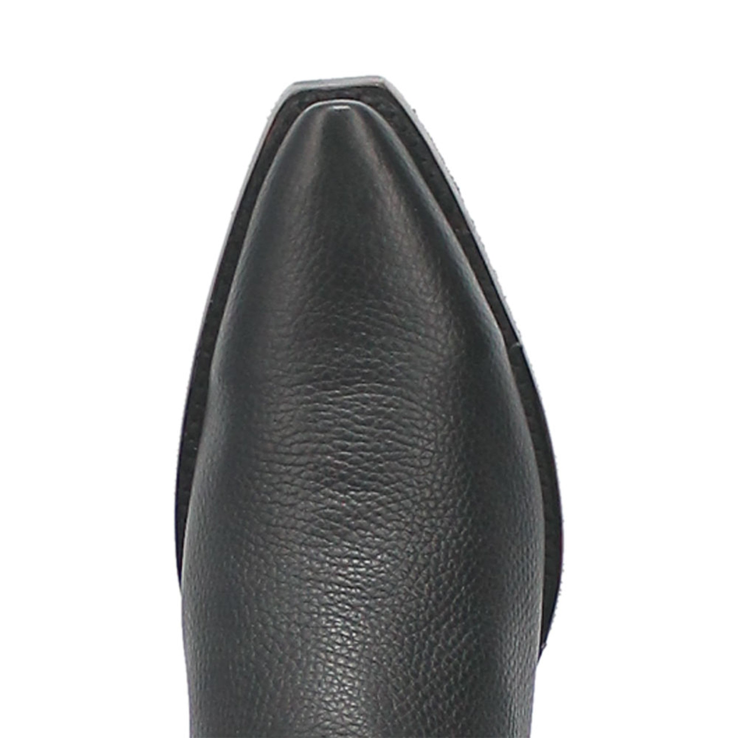 Dingo Gold Rush black leather western boots with snip toe. Textured black leather, pointed toe, sleek profile, smooth finish, and minimal embellishments.
