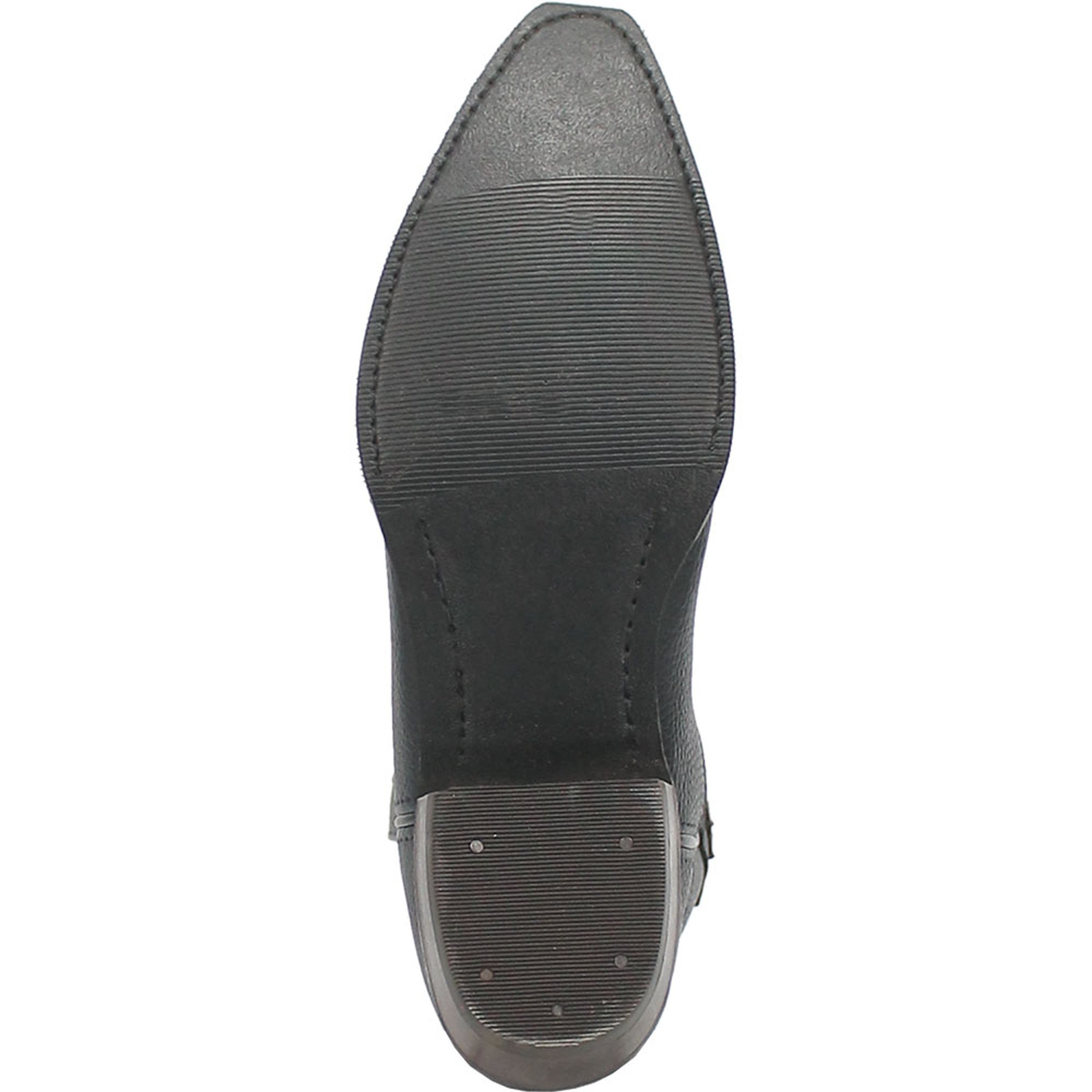 Dingo Gold Rush black leather western boots with snip toe. Textured black leather, flat sole with grooves and studs for traction.
