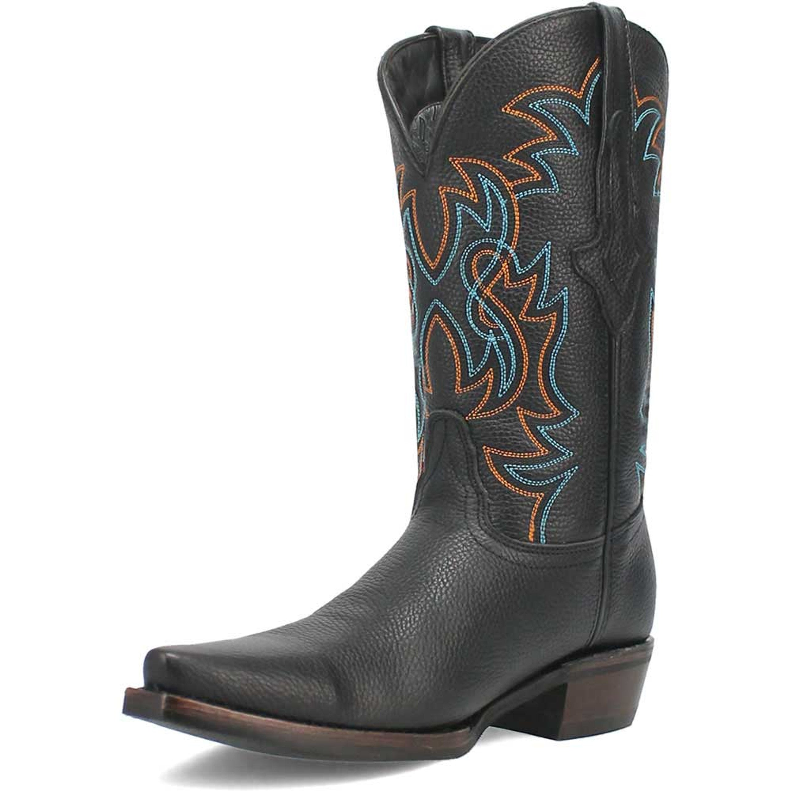 Dingo Gold Rush black leather western boots with snip toe. Black leather exterior with blue/orange stitching. Pointed toe, raised heel, and rounded upper shaft for a snug fit.
