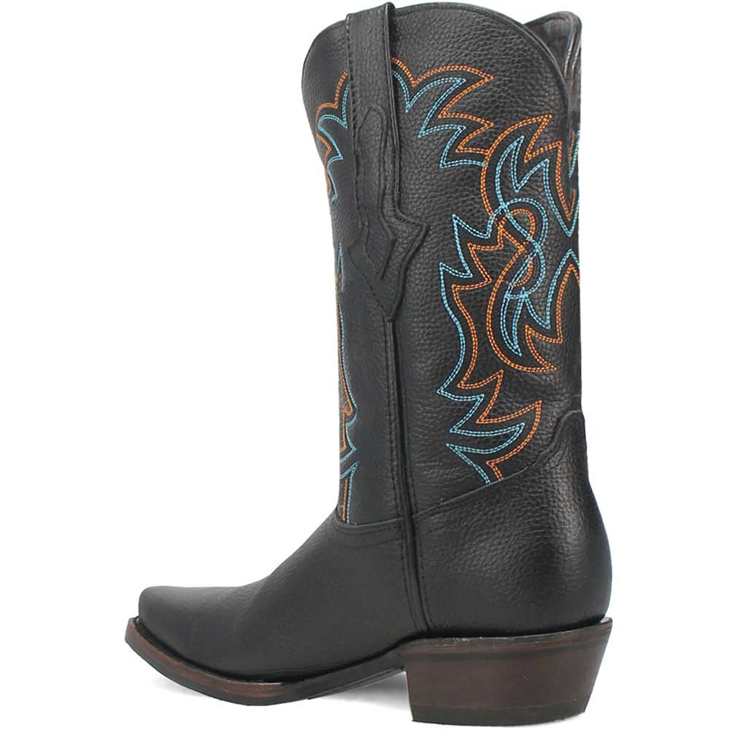Dingo Gold Rush boots: Black leather, snip toe, western style. Flame-like blue/orange side stitching. Short stacked heel.
