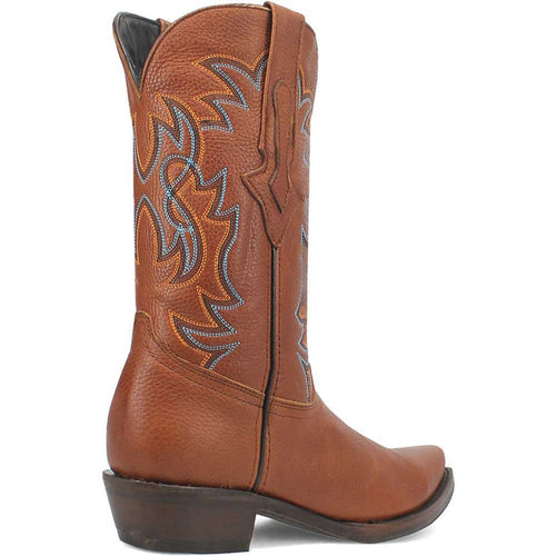 Dingo's Gold Rush boots: tan leather, snip toe, and tall shaft. Intricate blue/orange stitching adorns the textured leather. Dark stacked heel contrasts the lighter tan.
