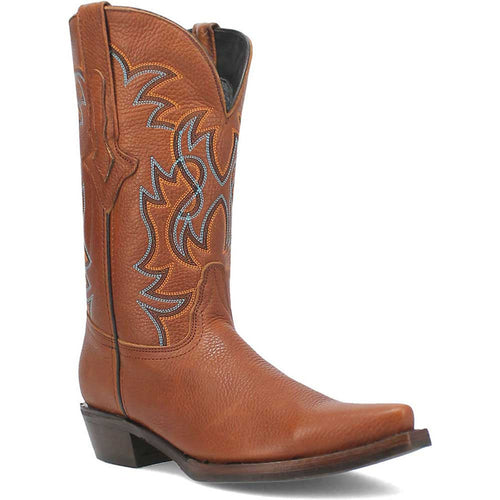 Dingo Gold Rush boots: tan leather, snip toe, western style. Tall shaft with turquoise/orange stitching. Textured leather, pointed toe, slight heel.
