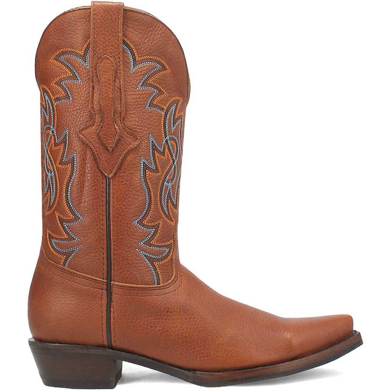 Tan leather western boots with a snip toe, featuring a textured finish, intricate orange/blue stitching, and a slightly underslung heel. Rich tan color with embossed detail.
