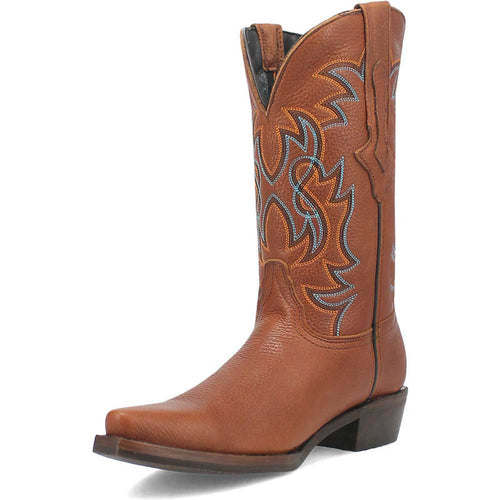 Dingo Gold Rush boots. Tan leather with snip toe. Textured upper, decorative blue/orange stitching on shaft. Low heel, straight cut top. Western style.
