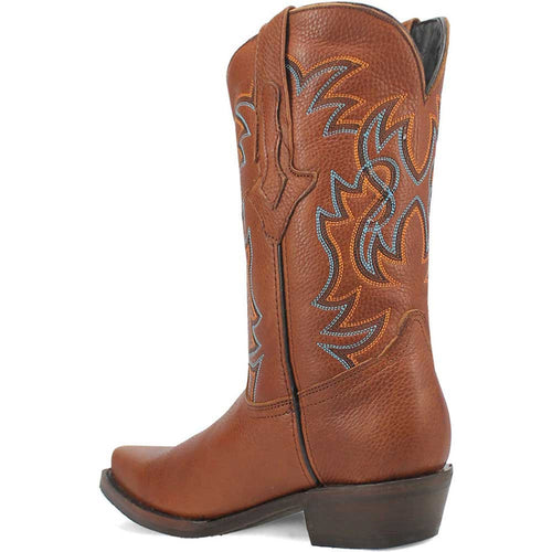 Dingo's Gold Rush boots: tan textured leather, snip toe, medium shaft. Embellished with swirling orange/blue stitching. Stacked heel. Classic western design.
