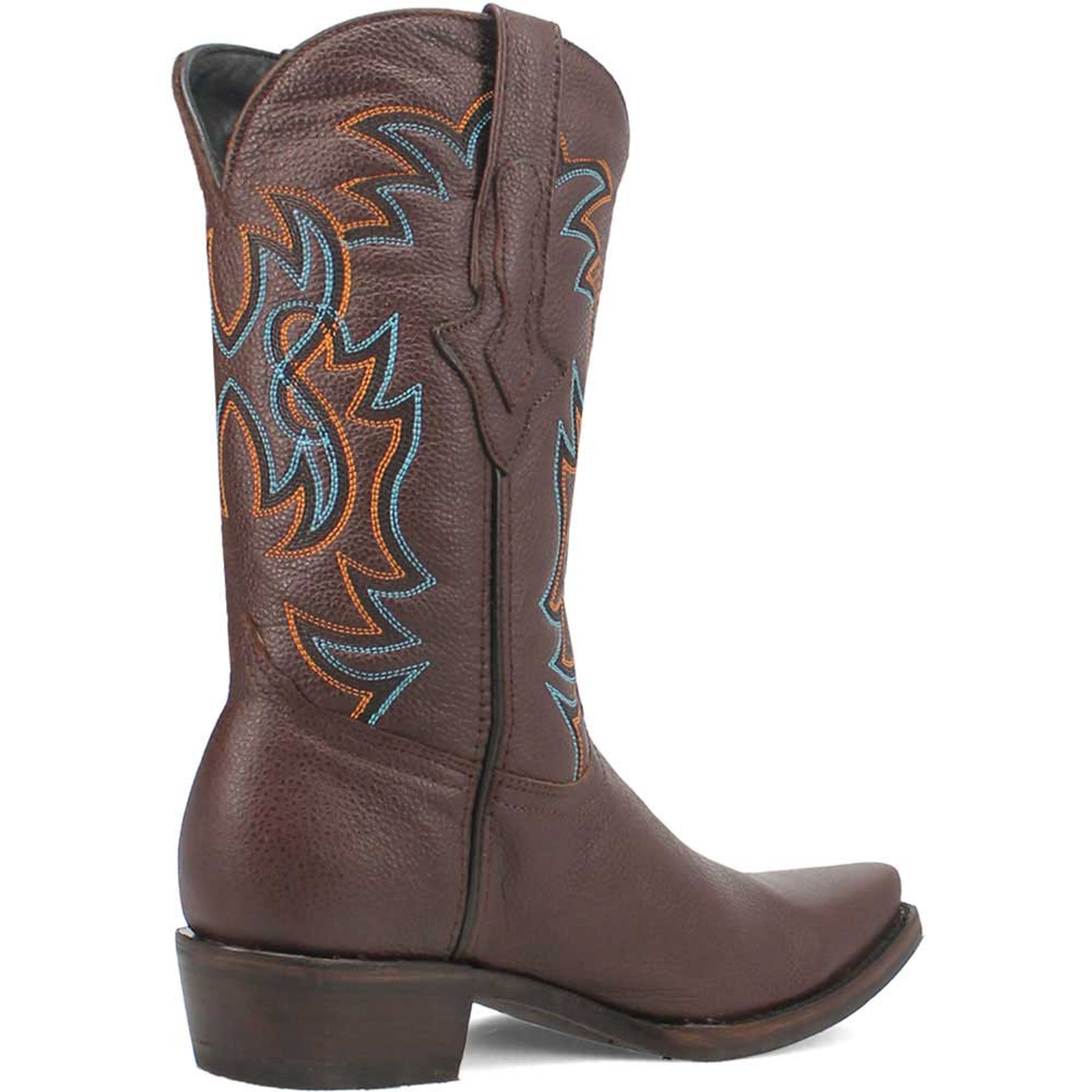 Dingo Gold Rush brown leather western boots. Snip toe, tall shaft with orange/blue stitching. Block heel, textured leather for durability. Pull tabs for easy wear. Rugged style.
