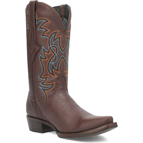Dingo Gold Rush brown leather western boots with snip toe and tall shaft. Textured brown leather with blue & orange stitched patterns. Block heel.
