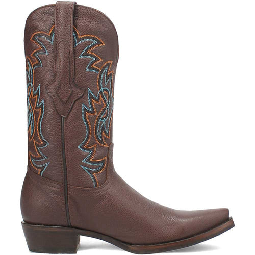 Dingo Gold Rush brown leather western boots. Snip toe, calf-high shaft, textured deep brown leather. Decorative orange/turquoise stitching. Stacked heel, pull loop.

