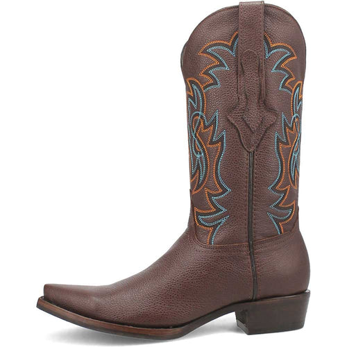 Dingo Gold Rush brown leather western boots. Snip toe, curved heel. Dark brown upper with orange/blue stitching and shaft embellishments. Pull tabs for easy wear.
