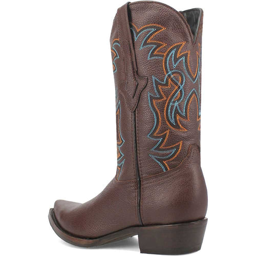 Brown leather Gold Rush western boots with snip toe. Textured leather, detailed orange & blue stitching. Pointed toe, short heel, pull tabs. Western style, contrasting colors.
