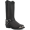 Dan Post Chopper biker boots: Black leather, tall shaft, rounded toe, lower heel. Features a metal harness strap with silver hardware. Stitched design and silver toe cap detail for classic biker style.

