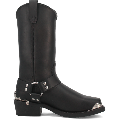 Dan Post Chopper biker boot: black leather, tall shaft, pointed toe, slight heel. Harness strap with metal studs. Silver heel accent. Minimalist design.
