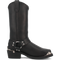 Dan Post Chopper biker boot: black leather, tall shaft, pointed toe, slight heel. Harness strap with metal studs. Silver heel accent. Minimalist design.
