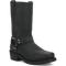Dan Post's Dean biker boot: black leather, tall shaft, rounded toe. Ankle strap with silver hardware. Slightly elevated heel. Classic biker style.
