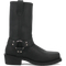 Dan Post's Dean biker boot: black leather, tall shaft, rounded toe. Includes studded strap/buckle, flat sole with slight heel, and reinforced stitching.
