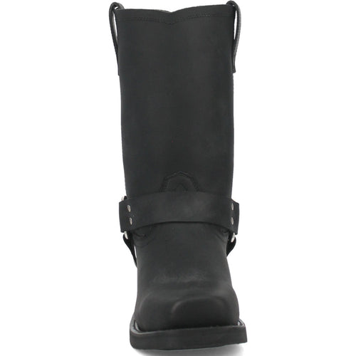 Men's biker boot in black, oil-resistant leather. High shaft, rounded toe, and strap with metal studs. Minimal stitching for a sleek look.
