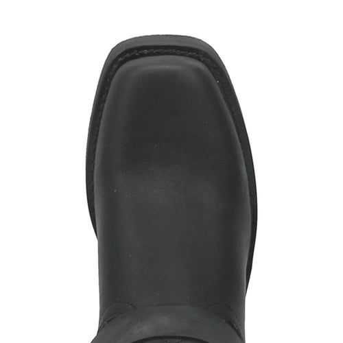 Men's black, oil-resistant leather biker boots. Square toe, smooth finish, contrasting stitching. Mid-calf height, structured shape for durability.
