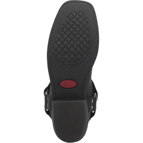 Dan Post Dean biker boot. Black leather. Flat rubber sole with grip. Rounded shape. Metal studs on strap. Red logo on sole.
