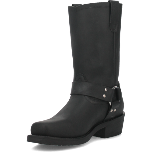 Dan Post biker boot: Black leather, tall shaft, rounded toe. Wide leather strap with silver hardware. Durable flat sole with stacked heel for added height.
