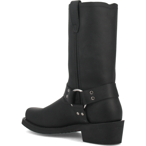 Dan Post Dean Biker Boot: Black leather, tall shaft, smooth finish, strap with metal hardware. Rounded toe, low block heel, slightly curved silhouette.
