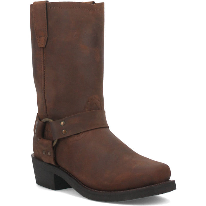 Dingo men's Goucho brown motorcycle boots with tall, distressed leather shaft and rounded toe. Leather strap with metal rivets. Flat sole, slight heel.
