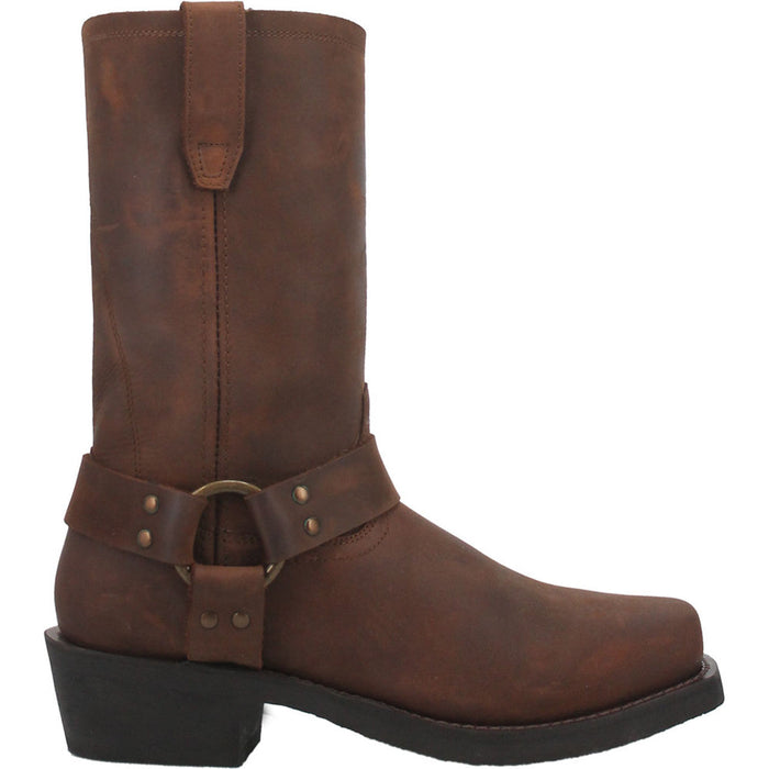 Gaucho brown men's motorcycle leather boots with tall shaft, rounded toe, and sturdy heel. Brown leather with side strap, metal ring, and brass studs.
