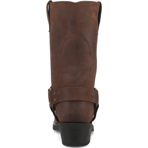 Dingo Gaucho brown men's motorcycle boots. Tall, straight shaft, rounded toe. Brown leather with ankle strap & metal fasteners. Black, slightly elevated sole. Structured, smooth finish.
