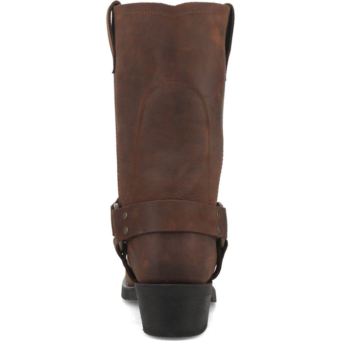Dingo Gaucho brown men's motorcycle boots. Tall, straight shaft, rounded toe. Brown leather with ankle strap & metal fasteners. Black, slightly elevated sole. Structured, smooth finish.
