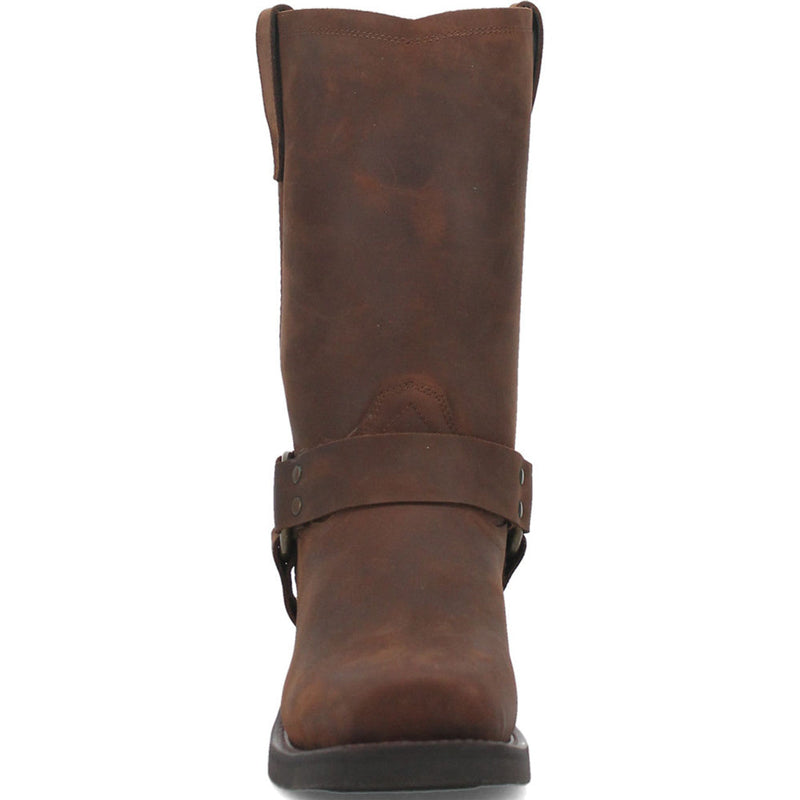 Dingo men's tall brown leather motorcycle boots with a rounded toe. Feature a midsection strap with metal buckles. Simple upper design with visible stitching and a flat, sturdy black sole.
