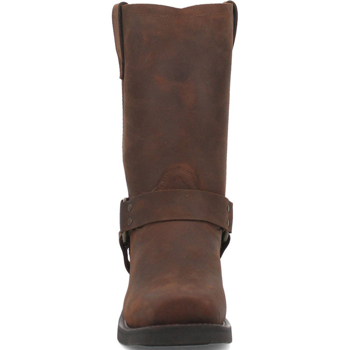 Dingo men's tall brown leather motorcycle boots with a rounded toe. Feature a midsection strap with metal buckles. Simple upper design with visible stitching and a flat, sturdy black sole.
