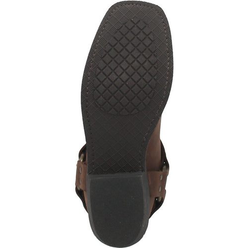 Dingo Gaucho brown men's motorcycle boots. Leather upper, brown color. Flat sole with diamond pattern. Side straps with metal attachments.
