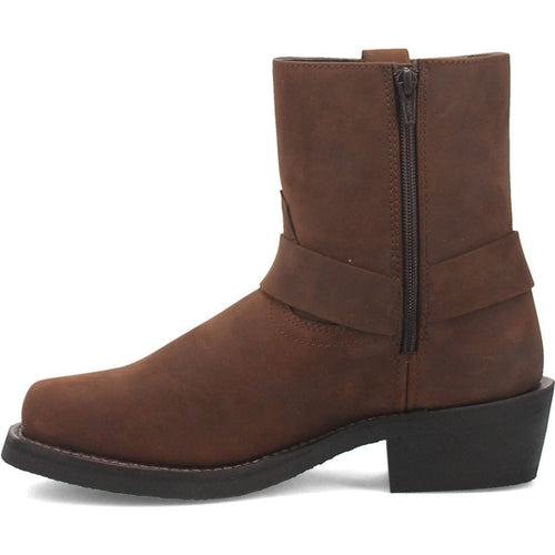 Dingo men's Gaucho leather boots. Brown leather upper, harness strap detail, side zipper. Rounded toe, low block heel, and durable outsole.
