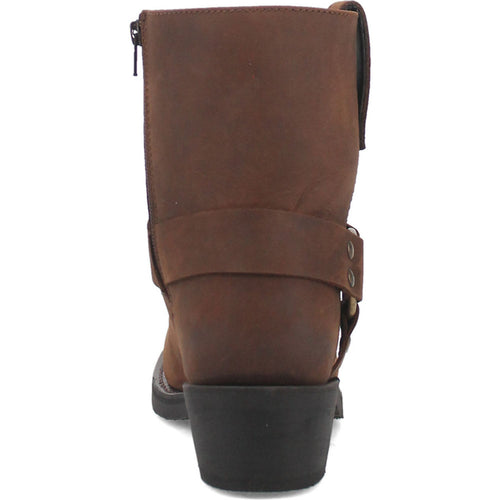 Dingo Gaucho men's boot: Mid-calf, brown leather. Features a straight back, ankle buckle strap, low stacked heel, and side zipper closure.
