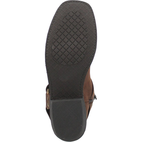 Dingo's Rev Up Gaucho men's boot: brown leather upper, streamlined shape, harness strap with buckle. Features a flat, textured black rubber sole with diamond pattern.
