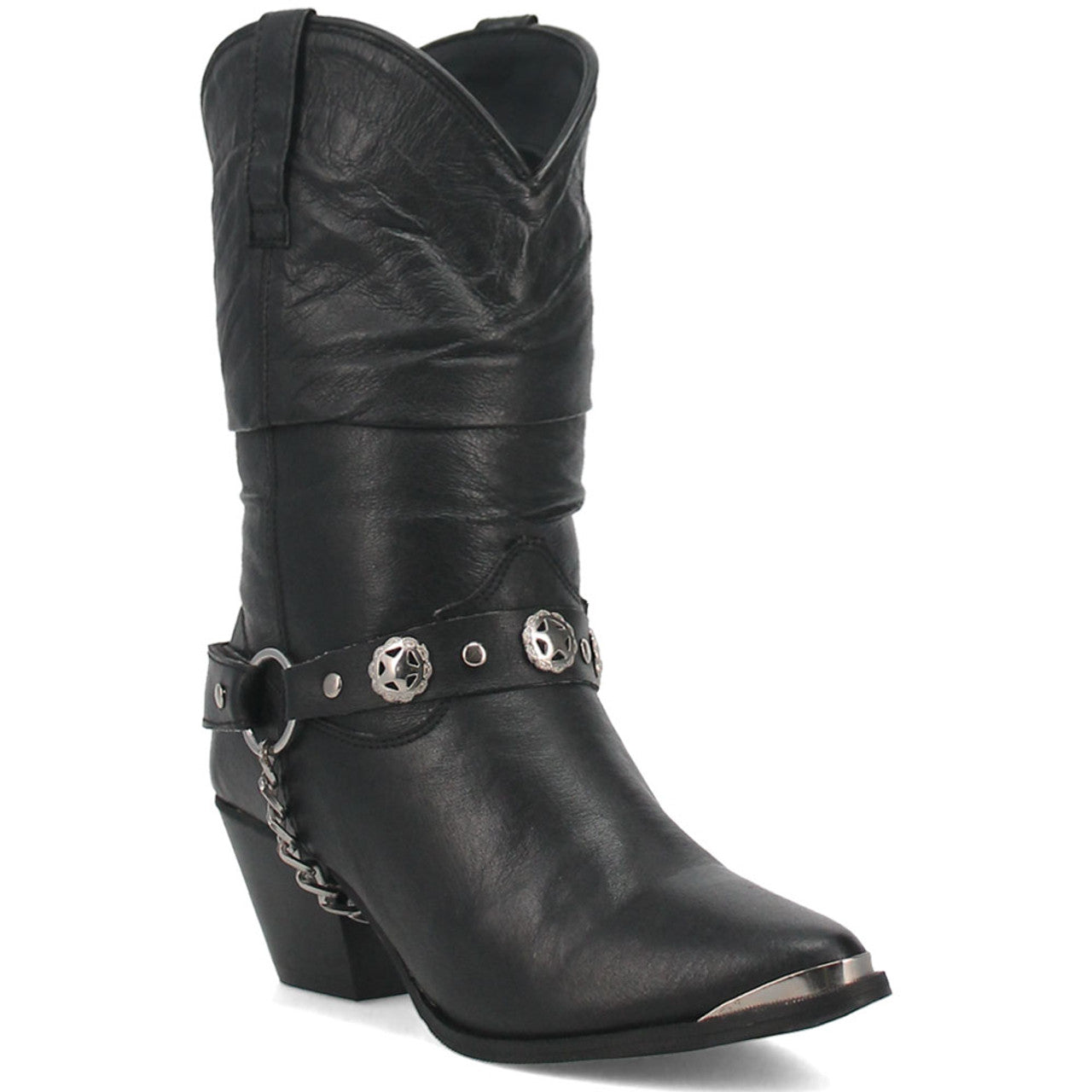 Dingo Olivia Black Pigskin boots: Women's black leather boots with a tapered toe, slouched shaft, and silver metal toe cap. Feature ankle strap with conchos, chain link, and chunky, angled heel. V-cut top.
