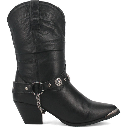 Dingo Olivia Black Pigskin boots: Women's black leather, pointed toe, tall tapered shaft, stacked heel. Textured finish, ankle strap with metallic embellishments and chain detail.
