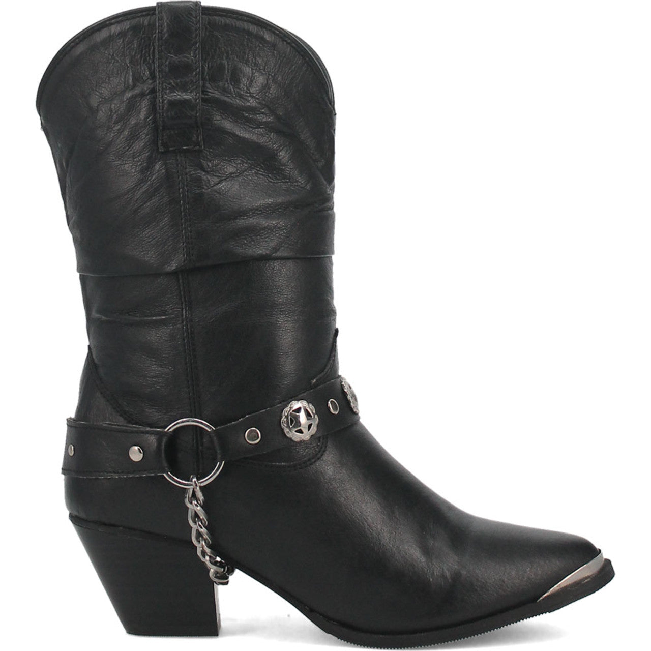 Dingo Olivia Black Pigskin boots: Women's black leather, pointed toe, tall tapered shaft, stacked heel. Textured finish, ankle strap with metallic embellishments and chain detail.
