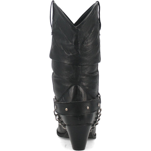 Dingo's Olivia Black Pigskin boots: tall, pointed cowgirl silhouette with a slightly slouched upper. Black pigskin leather, structured heel, decorative ankle studs & chain detailing.

