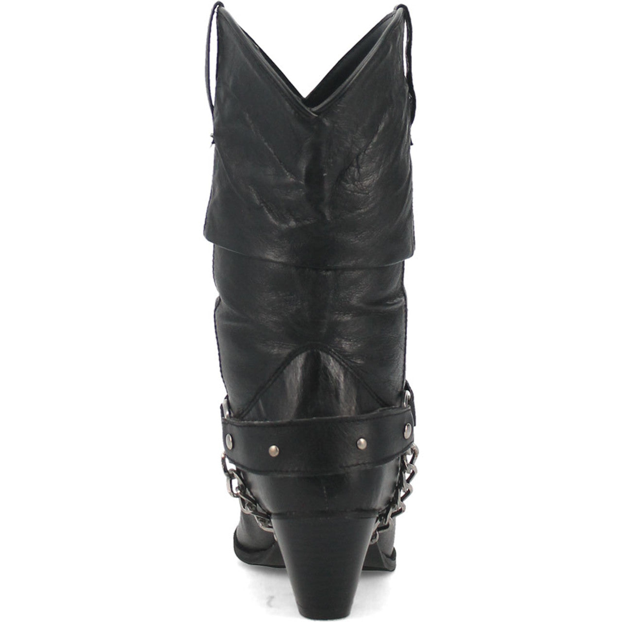 Dingo's Olivia Black Pigskin boots: tall, pointed cowgirl silhouette with a slightly slouched upper. Black pigskin leather, structured heel, decorative ankle studs & chain detailing.
