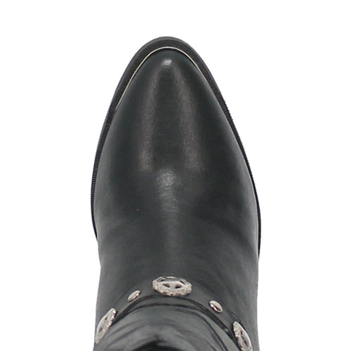 Dingo Olivia black leather boots for women. Pigskin leather, pointed toe, and smooth black finish. Decorative metal accents on the upper section add style.
