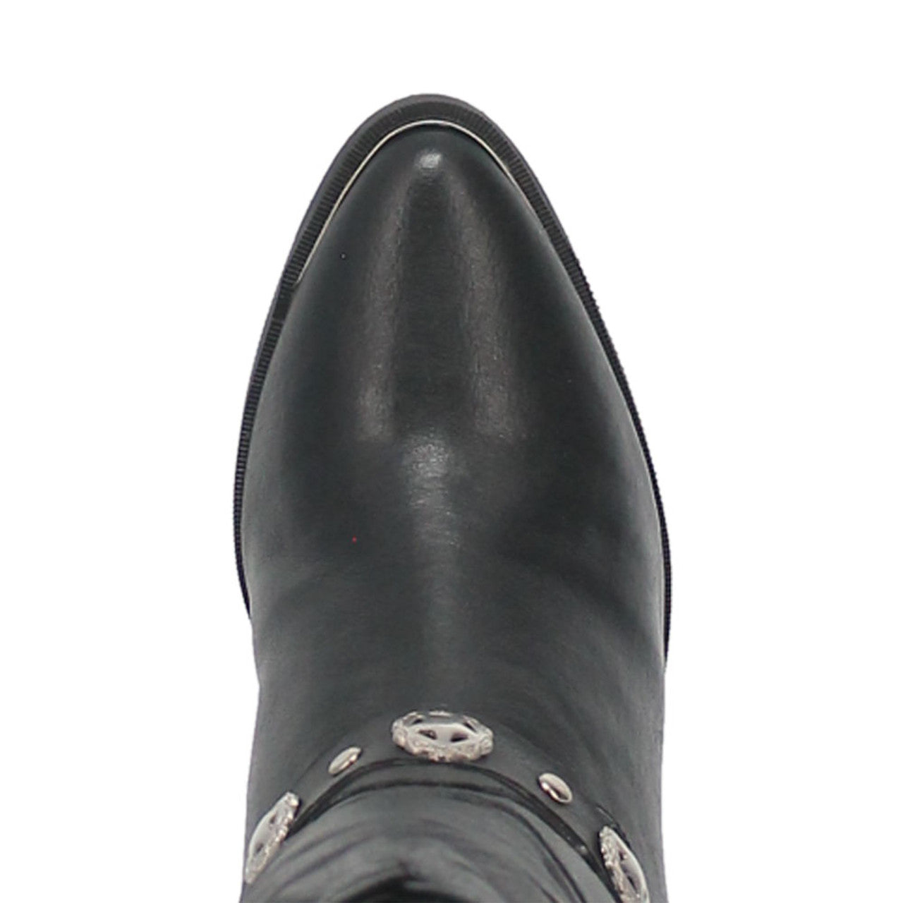 Dingo Olivia black leather boots for women. Pigskin leather, pointed toe, and smooth black finish. Decorative metal accents on the upper section add style.
